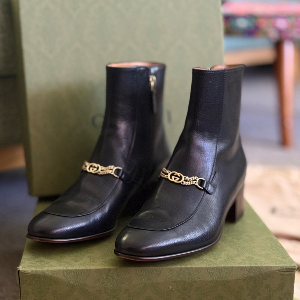Gucci Black Leather Boots with Gold Accent
